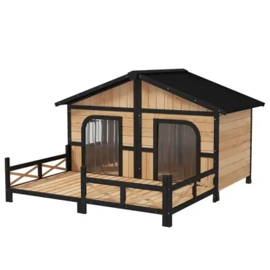 PawHut 59"x64"x39" Wood Large Dog House Cabin Style Elevated Pet Shelter w/Porch Deck image {3}