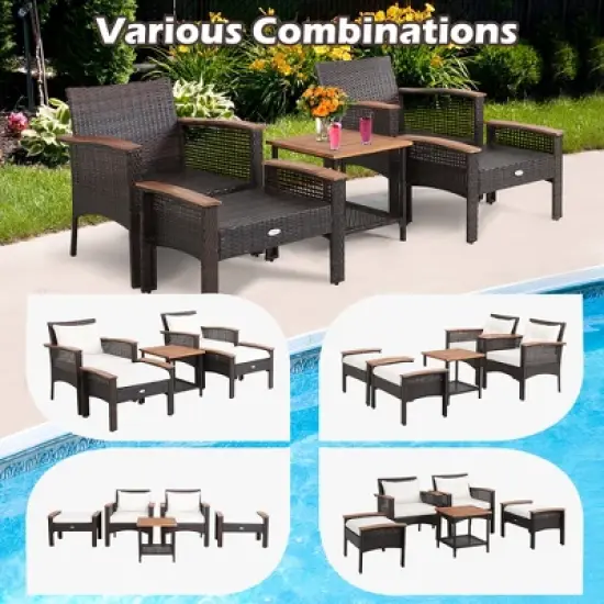 Costway 5PCS Patio Rattan Furniture Set Acacia Wood Table Armrest Cushion Yard image {7}