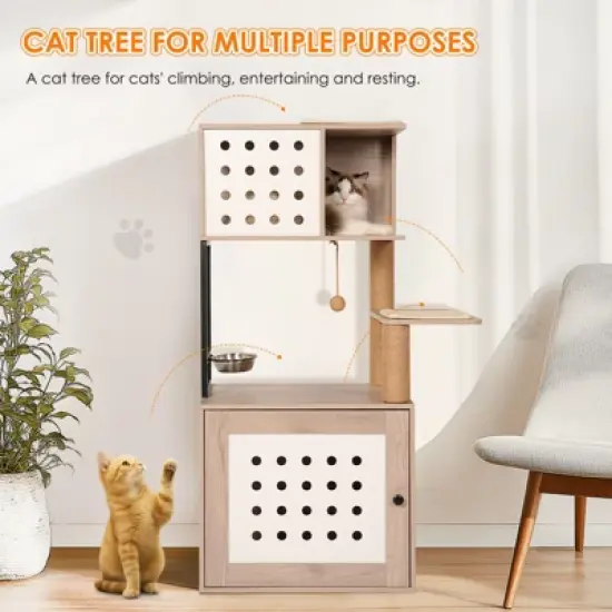 Multipet Cat Tree with Litter Box Enclosure, Large Hammock, Bed, Food Station, Scratching Posts image {6}