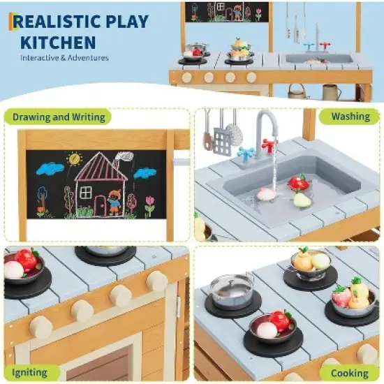 Outdoor Wooden Mud Kitchen w/ Cookware, Removable Sink/Faucet & Chalkboard - Storage Shelves, Stove Toddler Playset Ages 3+ image {2}