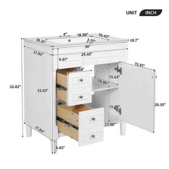 Mshliw 30" Bathroom Vanity with Sink, Modern Freestanding Storage Cabinet with 2 Drawers, Soft Closing Door, Solid Wood Frame and Ceramic Basin image {8}