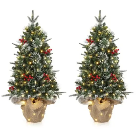 Pre-Lit 3Ft Snow Flocked Artificial Christmas Tree w/ 78 White LED Lights & Lighting Elk Base, 8 Modes Tabletop Mini Tree for Home Decor, 2 Pack image {11}