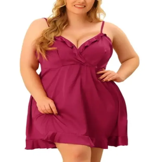 Agnes Orinda Women's Plus Size Satin Ruffle Trim Lingerie V Neck Sleepwear Slips Pajamas Nightgown image {5}