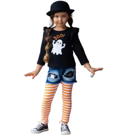 Girls All Boo'd Up Top, Patched Denim Shorts, & Legging Set - Mia Belle Girls image {6}