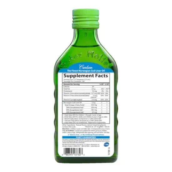 Carlson - Kid's Cod Liver Oil, 550 mg Omega-3s + A & D3, Norwegian, Wild Caught, Sustainably Sourced, Green Apple, 250 mL (8.4 Fl Oz) image {1}
