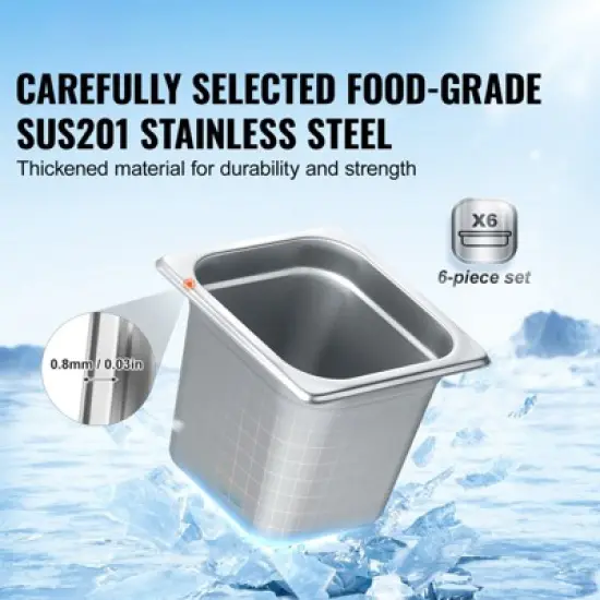 VEVOR 6 Pack Hotel Pans, 1/6  Size Anti-Jam Steam Pan, 0.8mm Thick Stainless Steel Restaurant Steam Table Pan, 6-Inch Deep Commercial Table Pan image {2}
