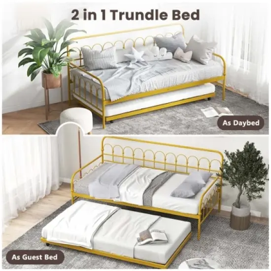 Costway Twin Size Metal Daybed with Trundle Space-Saving Sofa Bed Lockable Wheels Gold image {6}