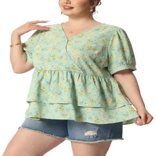Agnes Orinda Women's Plus Size Blouse Floral Layered Flare Hem Casual Peplum Tops image {8}
