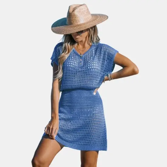 Women's Crochet Knit Cutout V-Neck Cover-Up Mini Dress - Cupshe image {9}