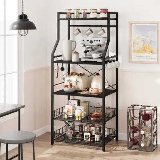 Bakers Rack, Microwave Oven Stand with 2 Large Wire Basket, 5-Tier Kitchen Utility Storage Shelf with 8 Hooks for Spice, Pots Organizer image {6}