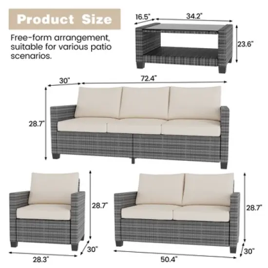 5-Piece Rattan Patio Furniture Set - 7-Seat Outdoor Furniture Sectional Sofa with Storage Table, Wicker Patio Furniture Set with Cushions image {5}
