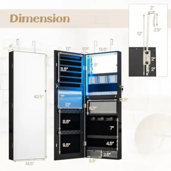 Tangkula Wall Mounted Jewelry Cabinet Full-Length Mirror Lockable w/ 3-Color Lights image {8}