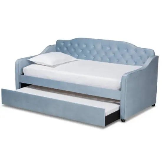 Twin Freda Velvet Tufted Daybed with Trundle Light Blue - Baxton Studio image {1}