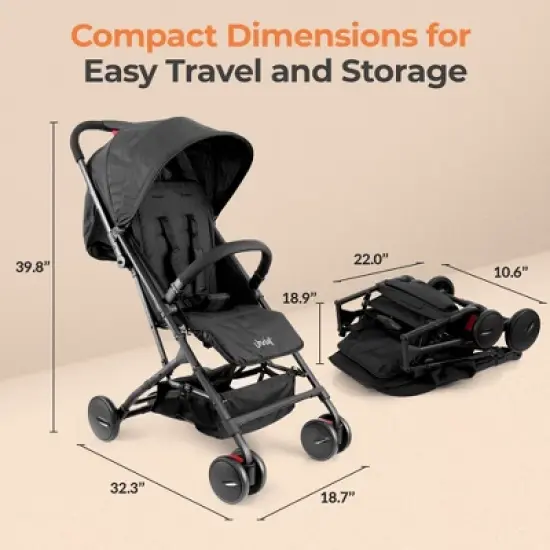 Jovial Portable Folding Baby Stroller &ndash; Compact, Lightweight, Reclining Seat with Canopy &ndash; Black image {6}