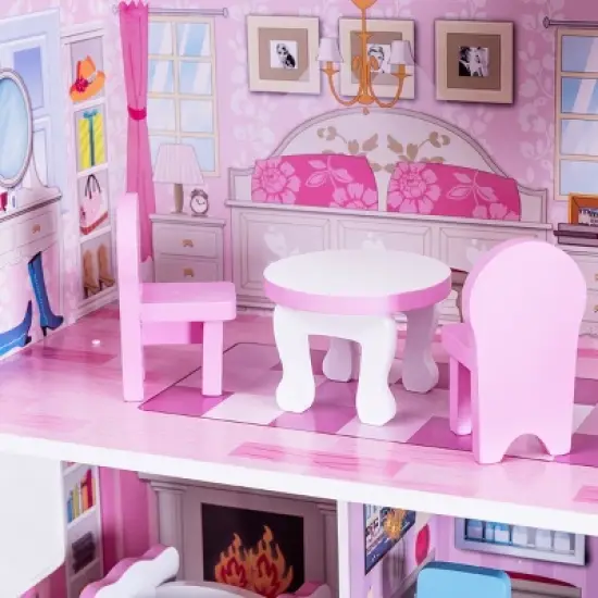 Costway 28'' Pink Dollhouse w/ Furniture Gliding Elevator Rooms 3 Levels Young Girls Toy image {6}
