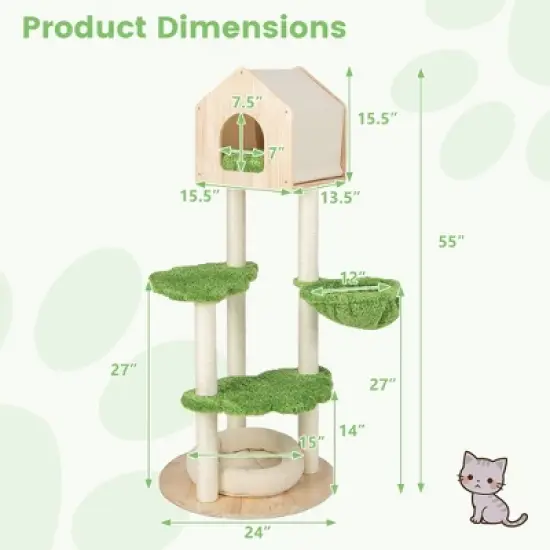 Tangkula Wooden Cat Tree 55" Tall Cat Climbing Stand w/ Sisal Scratching Posts Green image {8}