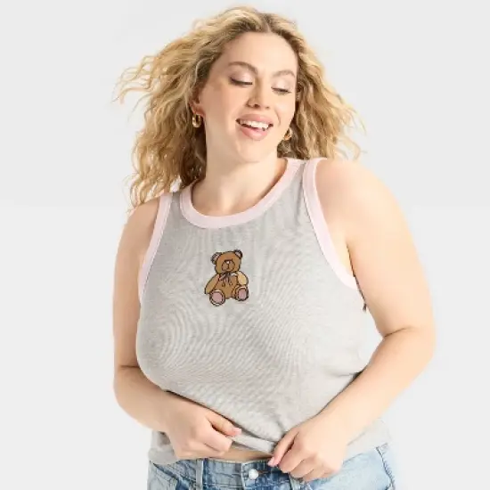 Women's Teddy Bear Graphic Tank Top - Light Gray image {4}