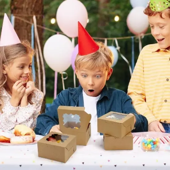 LotFancy 60Pcs Bakery Boxes with Window, 4x4x2.3 in Pastry Boxes for Cookies, Macarons,Brown image {6}