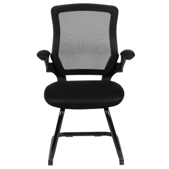 Emma and Oliver Black Mesh Sled Base Side Reception Guest Office Chair with Flip-Up Arms image {2}