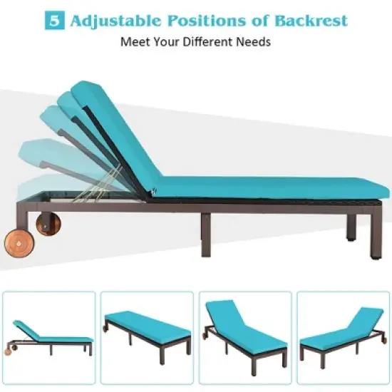 Costway Patio Rattan Lounge Chair Chaise Recliner Back Adjustable W/Wheels Cushioned image {5}