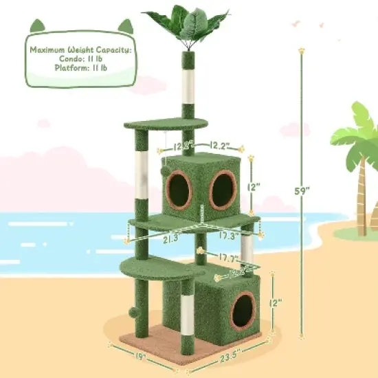 Yaheetech 59" H Cat Tree Tower with Natural Sisal Scratching Posts, Green/Brown image {2}