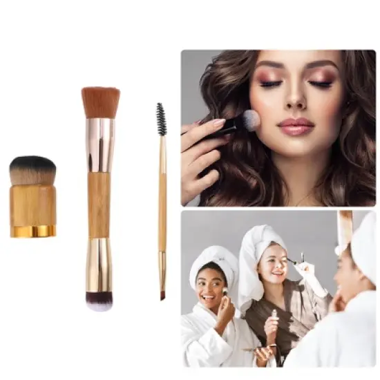 Unique Bargains Makeup Brush Set Foundation Concealer Blush Nylon Bamboo Handle Brown Gold Tone 3 Pcs image {1}