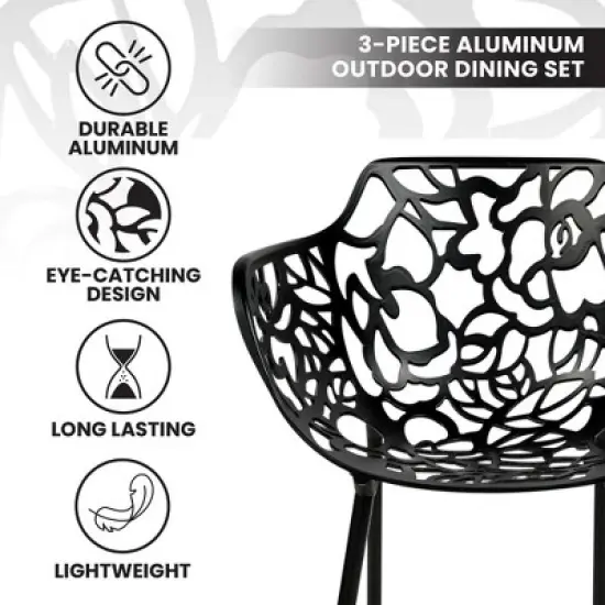 LeisureMod Devon 3-Piece Aluminum Patio Dining Set - Glass Top - Stackable Chairs image {3}