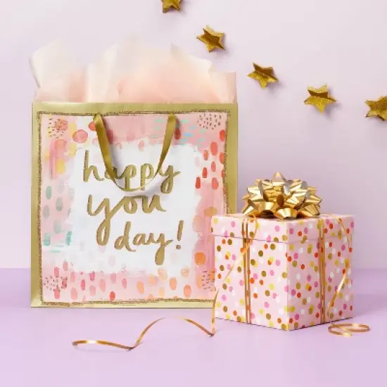 Large Happy You Day Watercolor Gift Bag - Spritz&trade;: Multicolor Birthday Typography, 15"x15"x8" image {1}