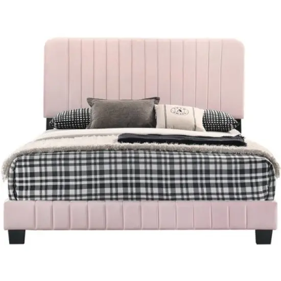 Passion Furniture Lodi Pink Velvet Upholstered Channel Tufted Queen Panel Bed image {1}