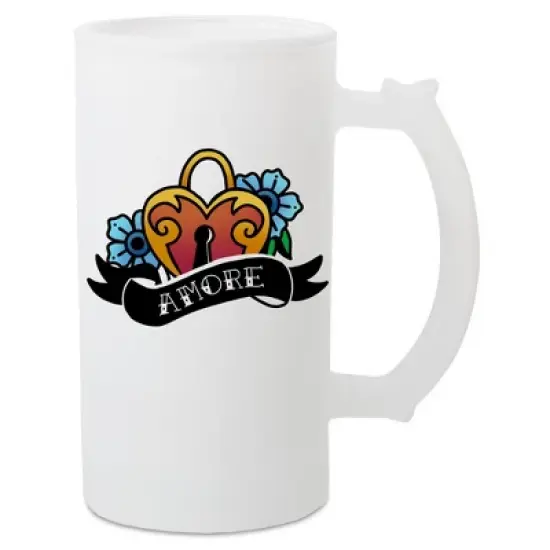 100 North Freezable 16 Ounce Translucent White Matte Frosted Glass Craft Drinking Stein Beer Mug With Thumb Grip Handle, Amore image {1}