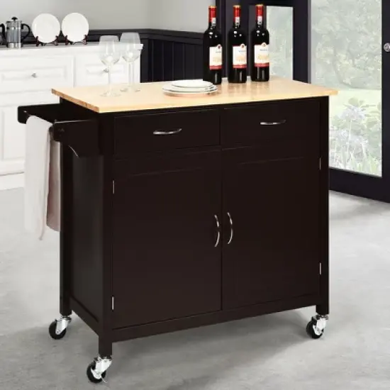 Costway Modern Rolling Kitchen Cart Island Wood Top Storage Trolley Cabinet Utility Brown image {1}