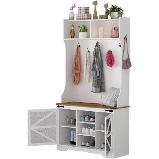 Farmhouse Hall Tree, 4-in-1 Entryway Organizer with 7 Shoe Cubbies & 7 Hooks, Storage Bench for Mudroom/Hallway/Bedroom image {5}