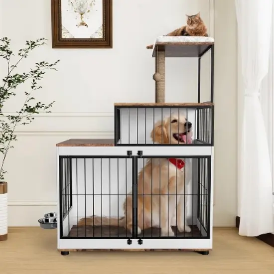 Dog Crate Large Furniture Kennel XL, with Cat Scratching Post Resting Platform, 2 Food Bowl, 2 in 1 Wooden Pet Cage House for with Both Dogs and Cats image {1}