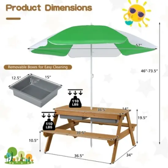 Babyjoy 3-in-1 Kids Picnic Table Outdoor Water Sand Table w/ Umbrella Play Boxes image {9}