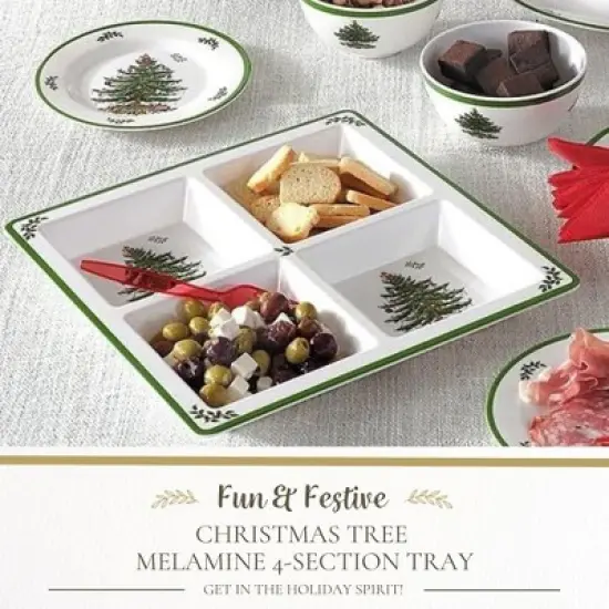 Spode Christmas Tree Melamine 4-Section Tray, 13.5-Inch Divided Holiday Serveware for Nuts, Candy, Condiments - Festive Tableware image {1}