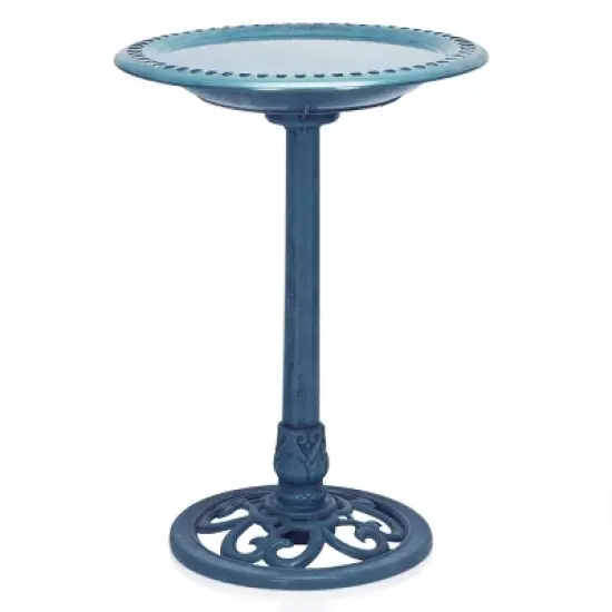 Alpine Corporation 28" Polyresin Pedestal Bird Bath With Scrollwork Base & Ground Stakes Blue image {5}