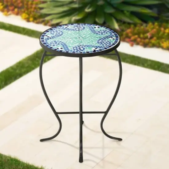 Teal Island Designs Black Round Outdoor Accent Side Tables 14" Wide Set of 2 Blue Wave Mosaic Tabletop Front Porch Patio Home House image {6}
