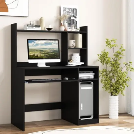 Costway Computer Desk Study Bookcase Workstation with Charging Station Hutch & CPU Stand image {1}