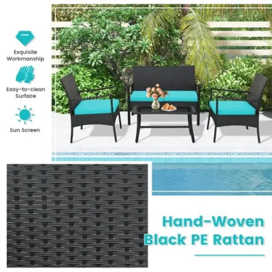 Tangkula 4PCS Patio Rattan PE Wicker Furniture Conversation Set w/ Sofa Chair & Table image {2}