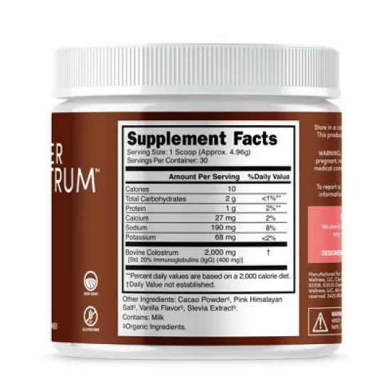 Designer Wellness, Pure Bovine Colostrum Powder, Gut Health & Bloating, Skin & Hair, Gluten Free, Chocolate, 30 Servings image {5}
