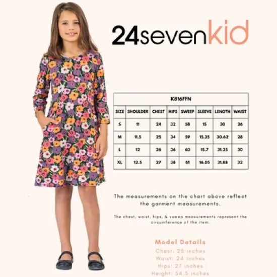 Girls Long Sleeve Multicolor Floral Knee Length Pocket Dress image {3}