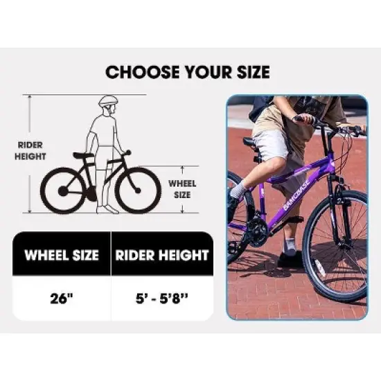 BAMCBASE Lilac 26 Inch Mountain Bike for Women Men, 21 Speed Steel Frame Adult Bicycle, MTB Bikes with Suspension Fork image {9}