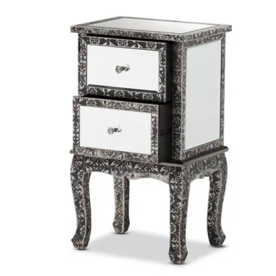 Wycliff Metal and Mirrored Glass 2 Drawer Nightstand Dark Gray/Silver - Baxton Studio image {2}