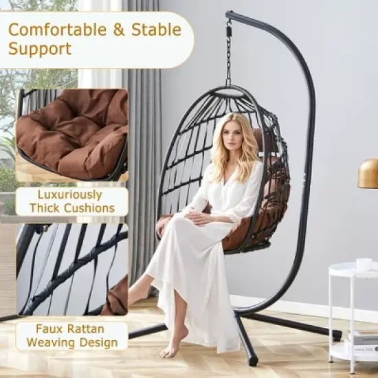 FIONECA Indoor/Outdoor Egg Swing Chair with Stand &uml;C Gray Wicker Hanging Hammock Chair with Rope Back, Cushion & Cover image {3}
