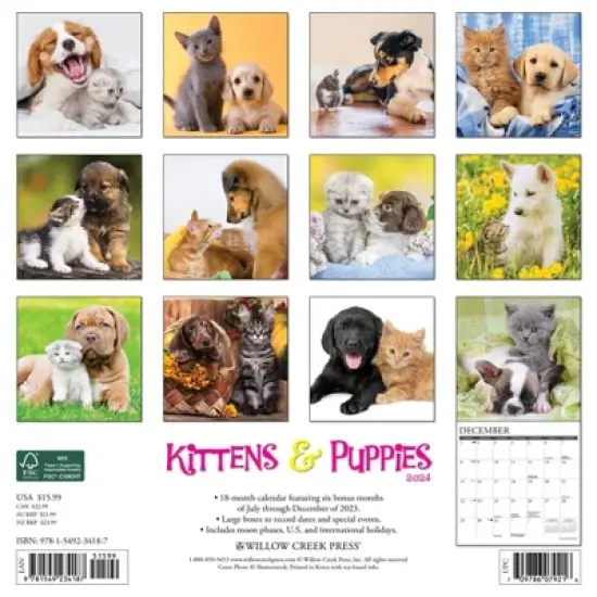 Willow Creek Press 2024 Wall Calendar 12"x12" Kittens & Puppies image {1}