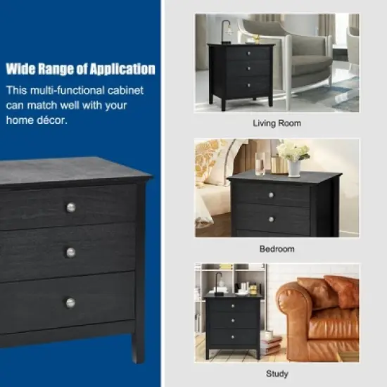 Costway Nightstand Beside End Side Table Accent Table Organizer W/3 Drawers Black image {7}