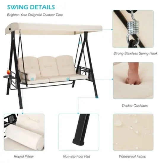 COWLOWN Beige 3 Seat Outdoor Patio Swing Chair for Adults, Adjustable Canopy, Removable Cushion, Ideal for Backyard, Garden, Poolside & Balcony image {1}