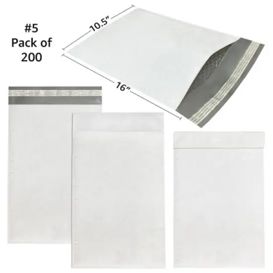 UOFFICE Pack of 200 Poly Bubble Mailer Bags 10.5"x16" #5 Envelopes with Self-Seal Closure image {1}