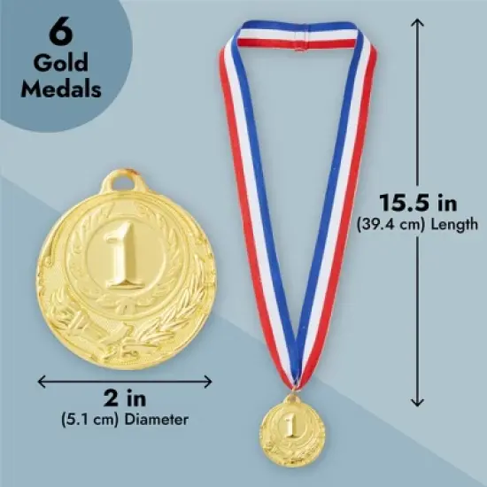 Maplefield 6-Pack Gold 1st Place Winner Medals, Sports Awards with 15.5-Inch Red, White, and Blue Ribbon (Metal, 2 in) image {5}