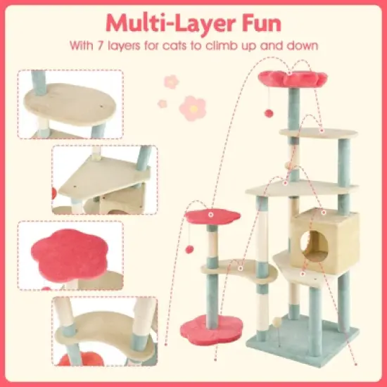 Tangkula Flower Cat Tree w/Cosy Condo Sisal Scratching Posts Padded Flower-shaped Perch image {5}